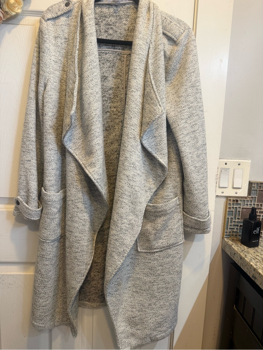 BB Dakota Heather Light Gray Draped Open-Front Cardigan